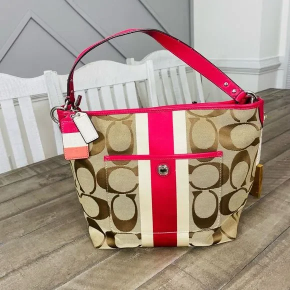 Coach Signatur Hamptons Weekend Khaki Pink Signature Stripe Tote Purse 10055 - Picture 2 of 8